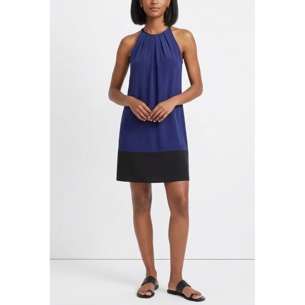 Theory Charlaine NWT Sz 8 Silk Navy / Black Colorblock Pleat Neck Shift Dress